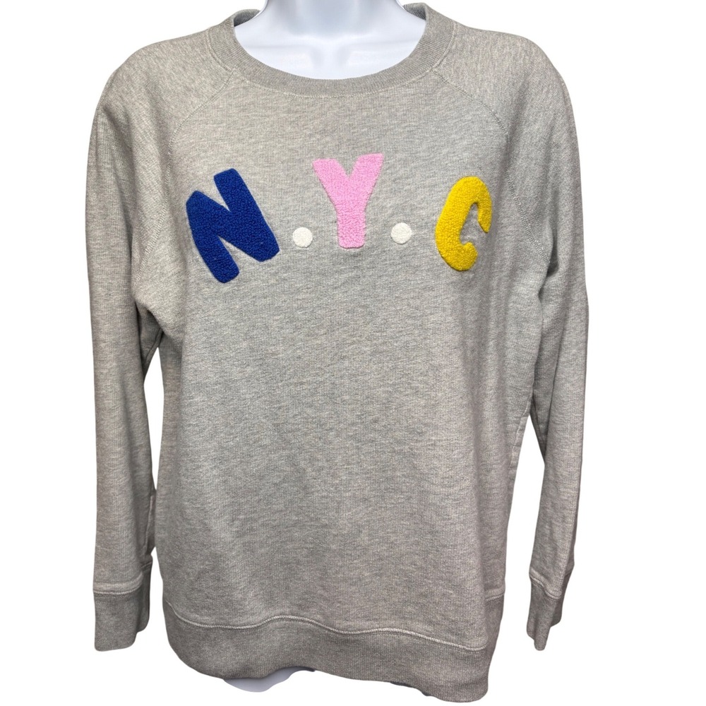 J. CREW Womens Gray NYC Pullover Sweatshirt Sz S Chenille Patch Raglan City Core